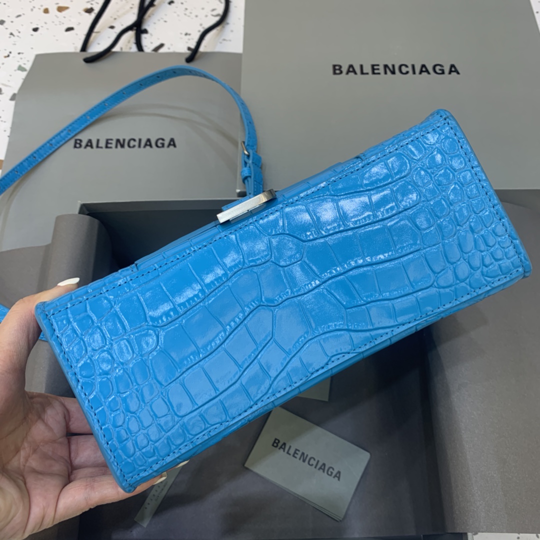 Balenciaga Hourglass Small Handbag Crocodile Embossed Shoulder Bag Light Blue